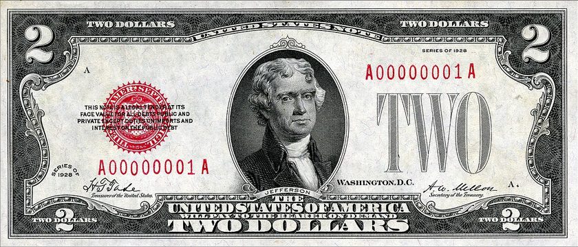 Front of a Series 1928 red seal two-dollar United States Note