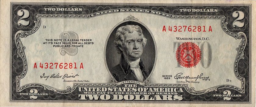 Front of a Series 1953 red seal two-dollar United States Note