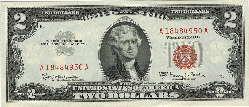 Front of a Series 1963A red seal two-dollar United States Note