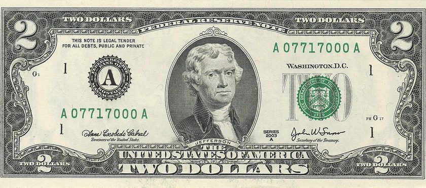 Front of a modern two-dollar bill with Thomas Jefferson