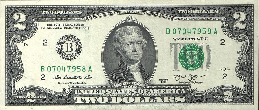 Front of a Series 2013 two-dollar bill with Thomas Jefferson