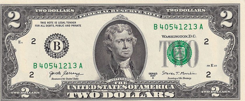 Front of a Series 2017A two-dollar bill with Thomas Jefferson