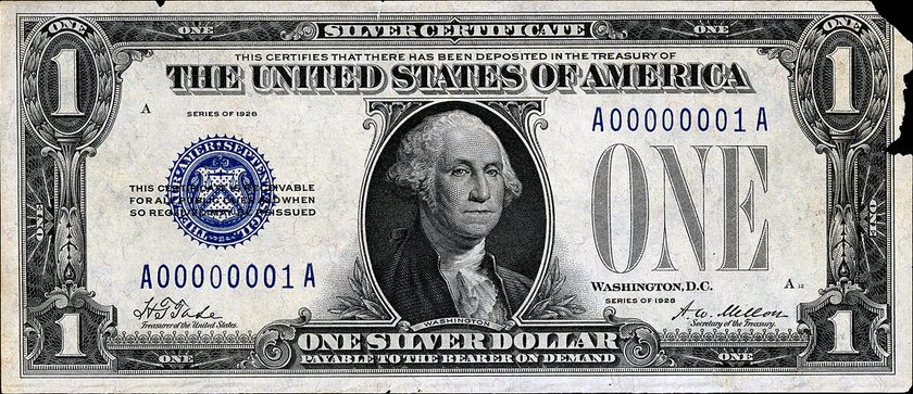 Front of a Series 1928 one-dollar silver certificate with a blue seal