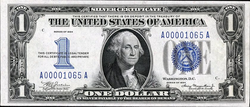 Front of a Series 1934 one-dollar silver certificate with a large blue 1 on the left