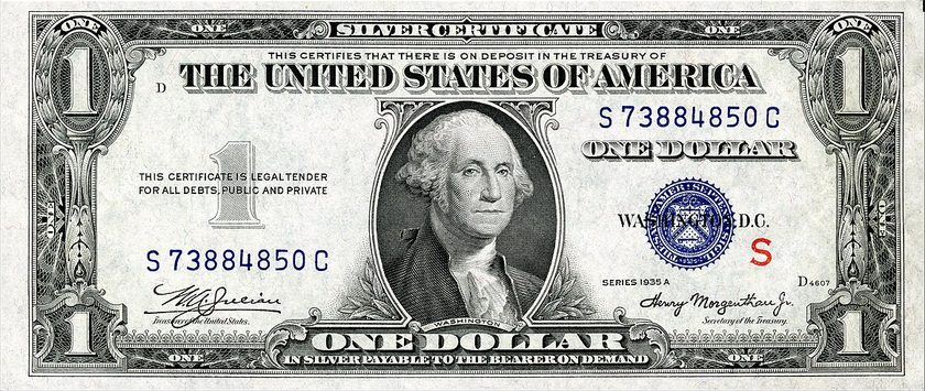 Front of a Series 1935A one-dollar silver certificate with a red S overprint
